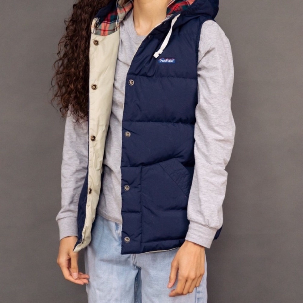 Penfield Navy Puffer Vest with Quilted Flannel Print Hood